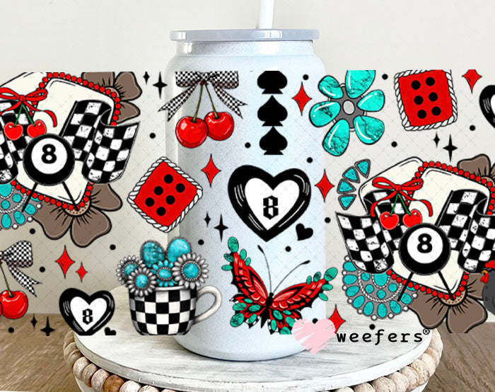 Race Day Heart Eightball Red Black UV DTF Cup Wrap - Weefers Exclusive Wrap 16oz Glass Can Generic Cup Wrap Weefers