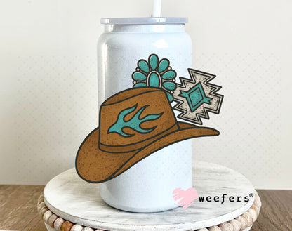Western Brown Hat and Turquoise Jewels UV DTF Decal 16oz Glass Can Generic Weefers