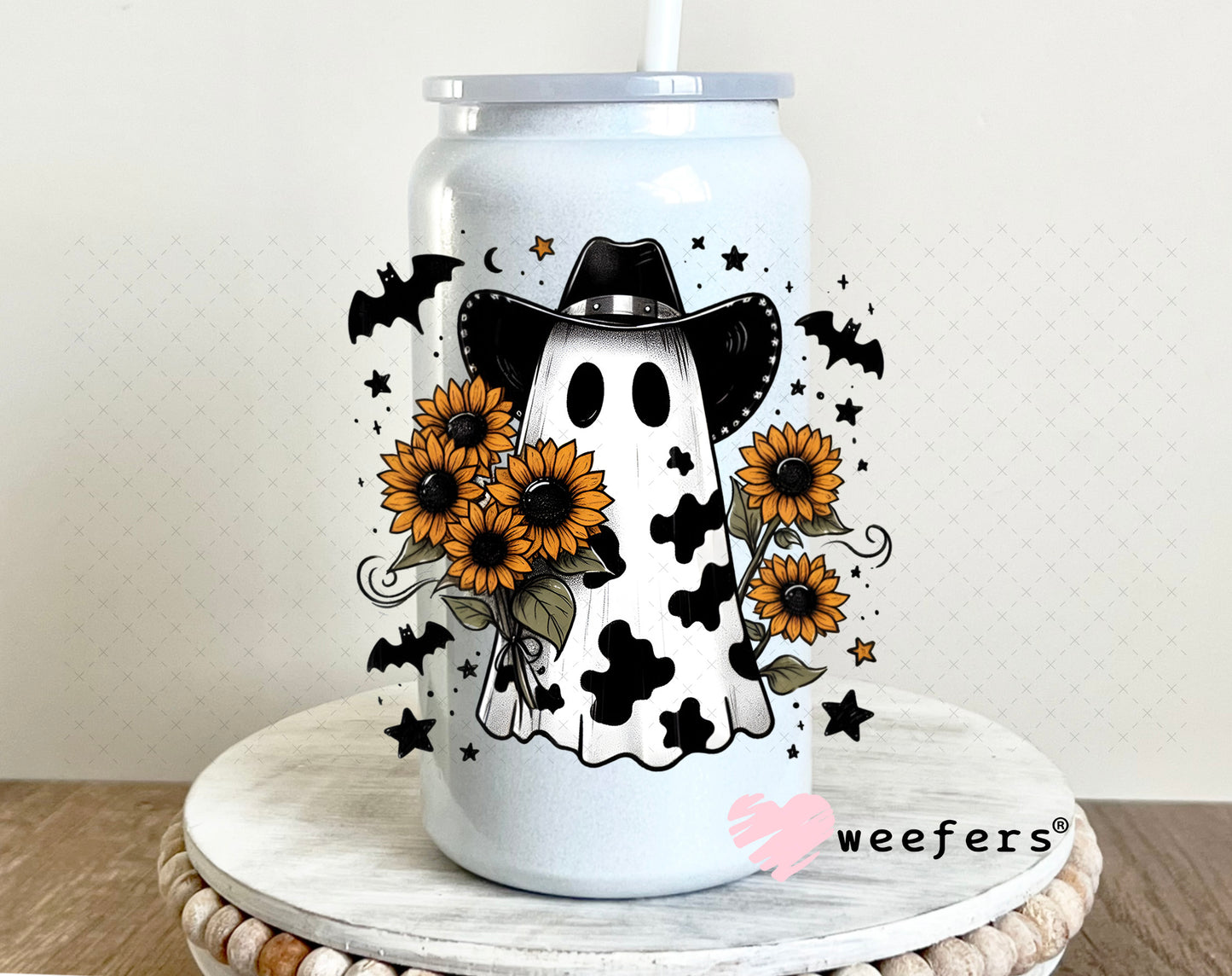 Cow Print Ghost Sunflowers Halloween UV DTF Decal 16oz Glass Can Generic Weefers