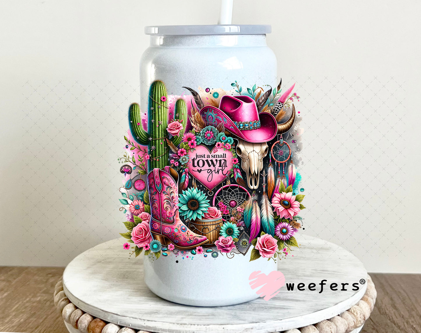 Just a Small Town Girl UV DTF Decal 16oz Glass Can Generic Weefers