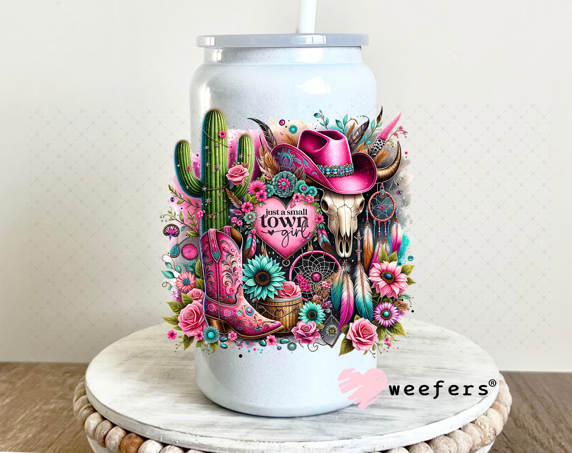Just a Small Town Girl UV DTF Decal 16oz Glass Can Generic Weefers