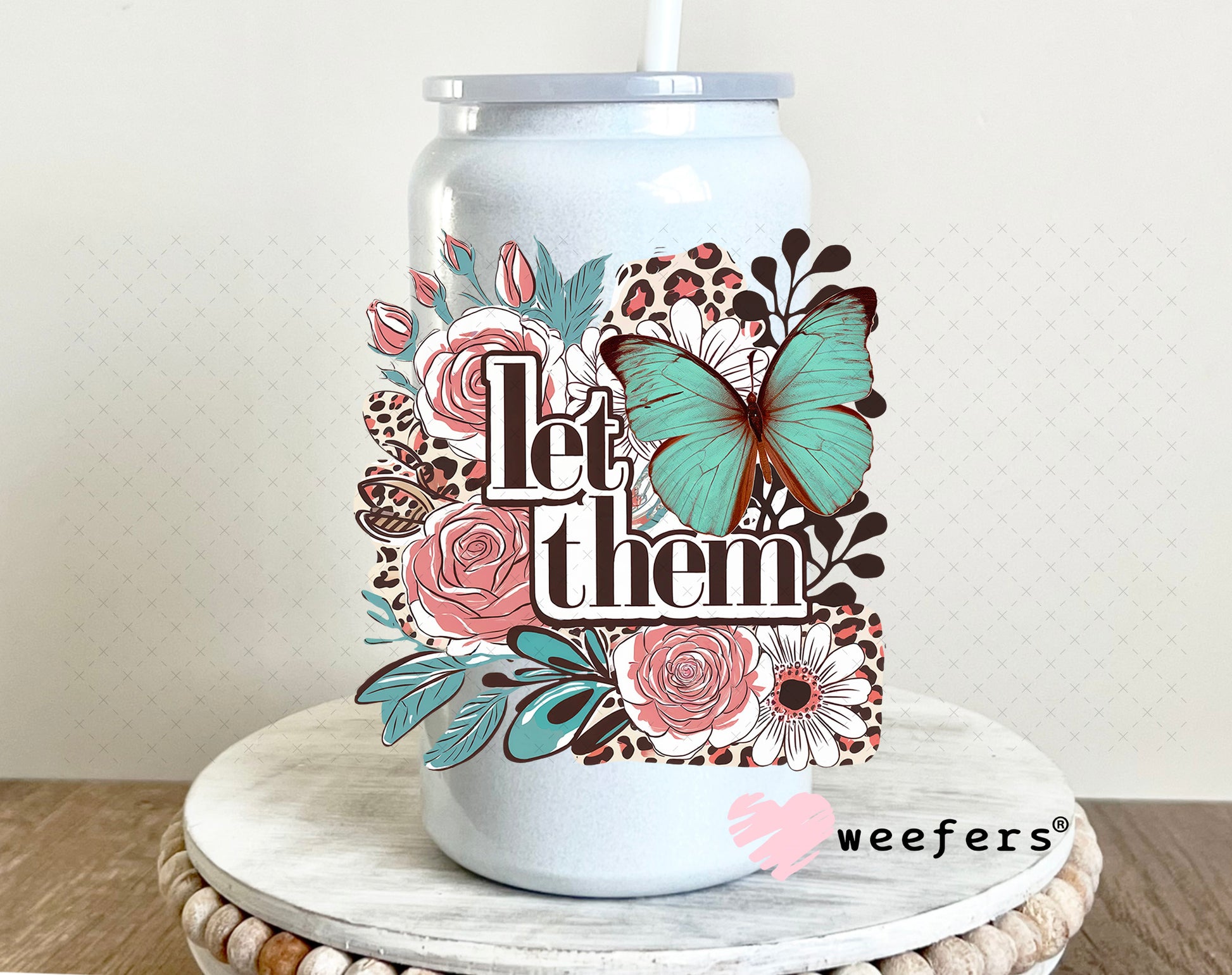 Let Them Mauve and Teal Green Flowers UV DTF Decal 16oz Glass Can Generic Weefers