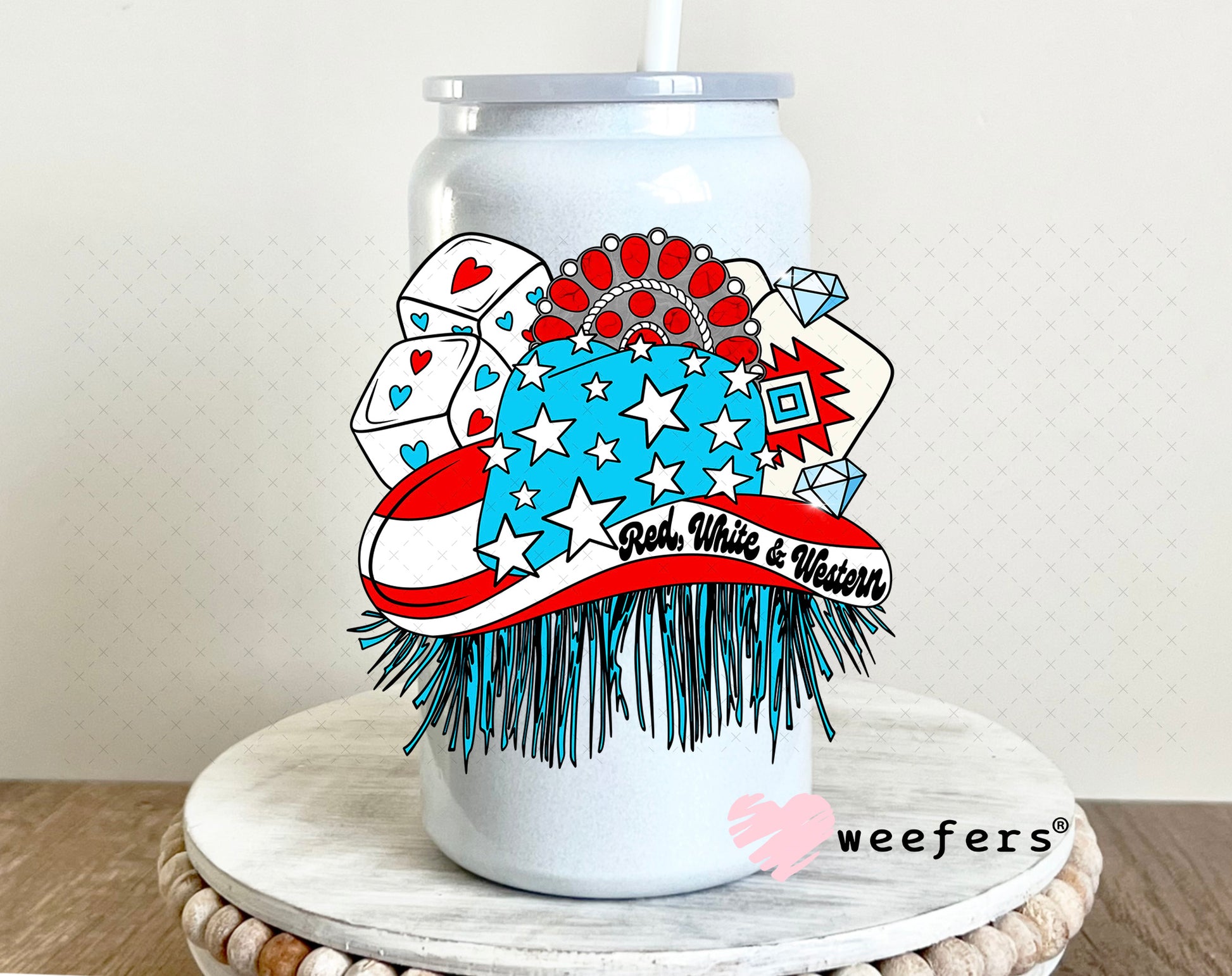Red White and Western UV DTF Decal 16oz Glass Can Generic Weefers