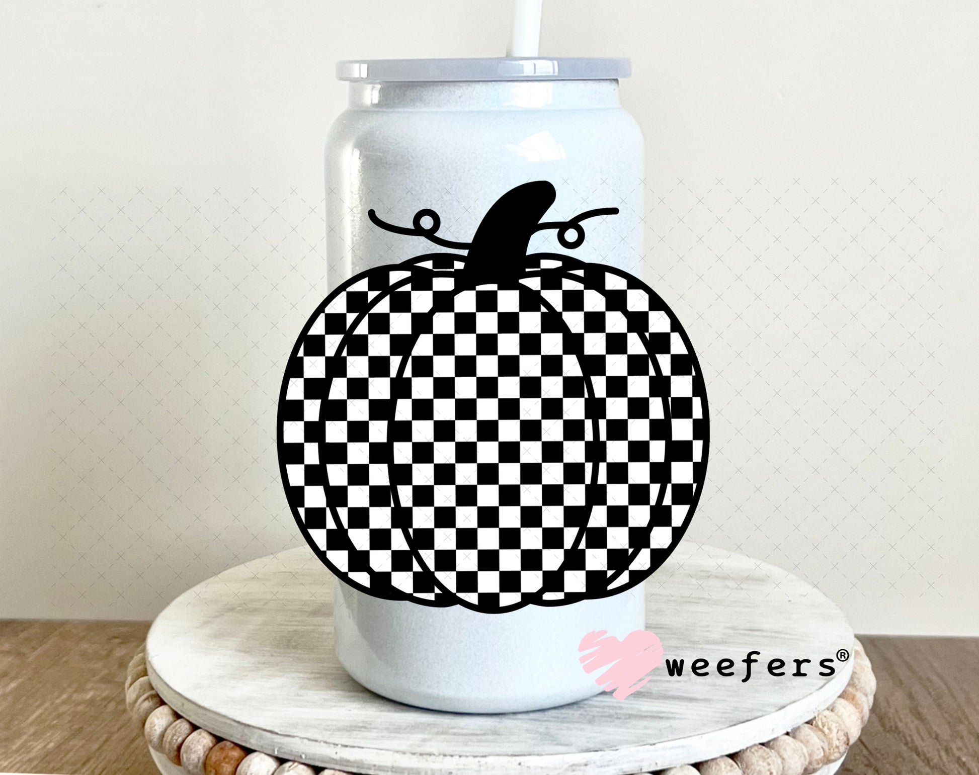 Black and White Checkered Pumpkin UV DTF Decal 16oz Glass Can Generic Weefers