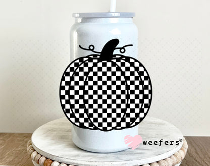 Black and White Checkered Pumpkin UV DTF Decal 16oz Glass Can Generic Weefers