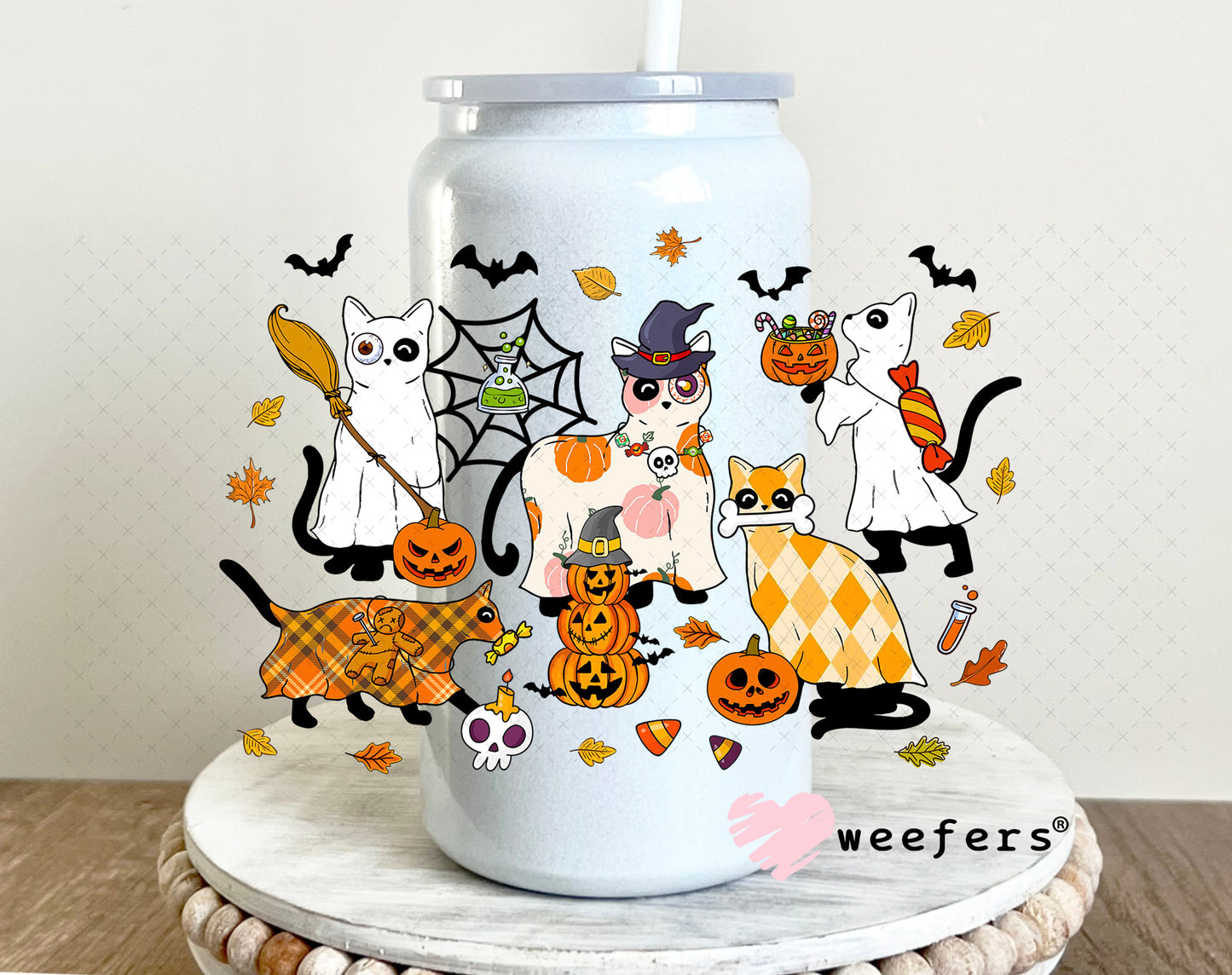 Halloween Cat Friends UV DTF Decal 16oz Glass Can Generic Weefers