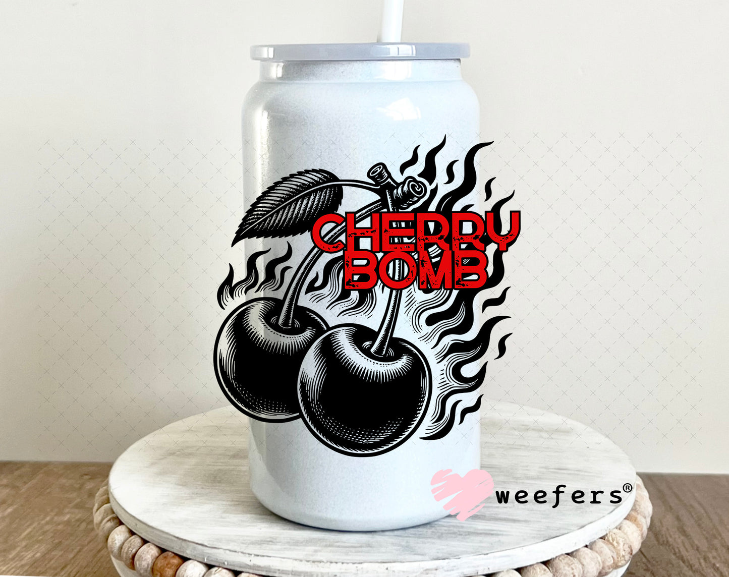 Cherry Bomb Black and Red UV DTF Decal 16oz Glass Can Generic Weefers