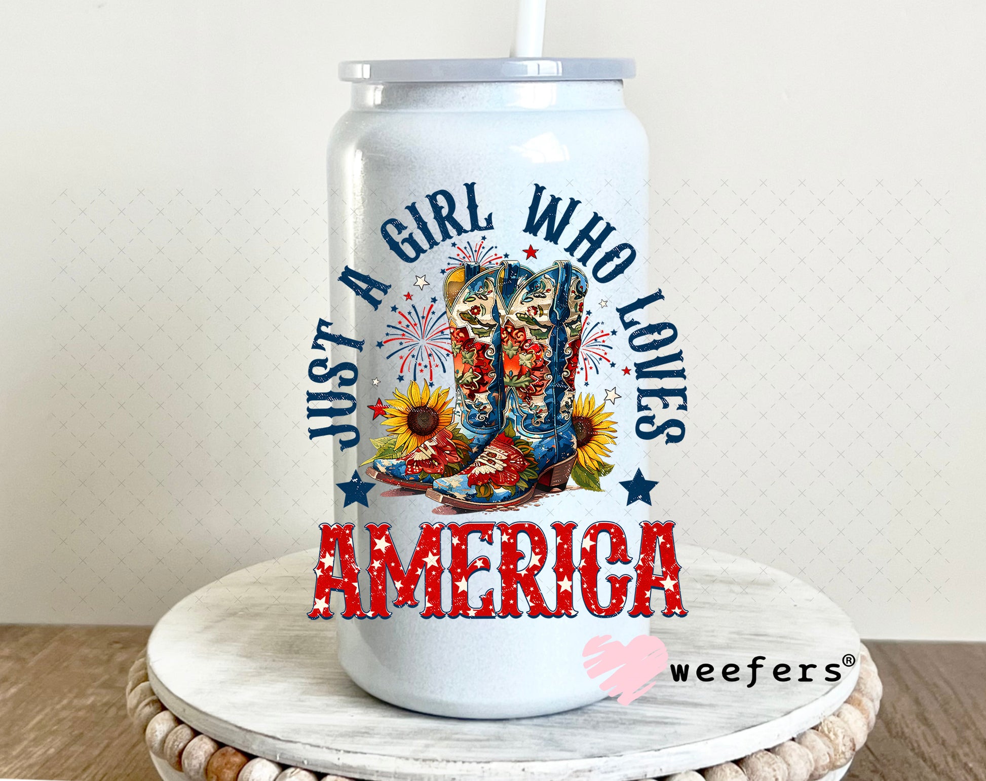 Just a Girl Who Loves America UV DTF Decal 16oz Glass Can Generic Weefers