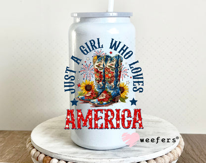 Just a Girl Who Loves America UV DTF Decal 16oz Glass Can Generic Weefers
