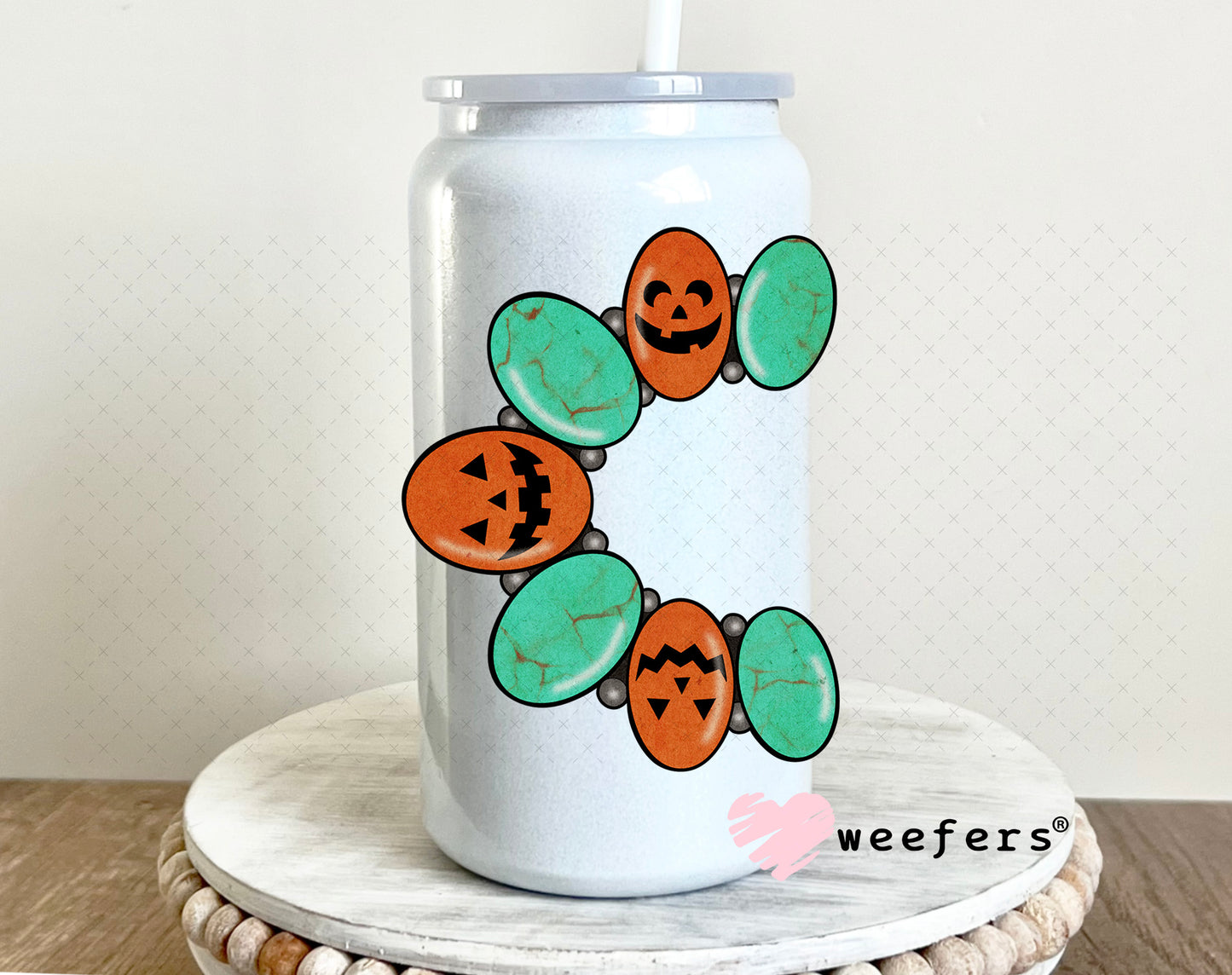 Turquoise and Jack-o-Lantern Bracelet UV DTF Decal 16oz Glass Can Generic Weefers