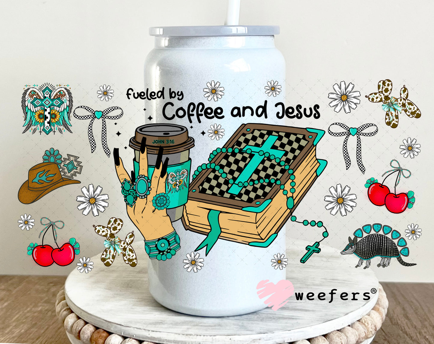 Fueled by Coffee and Jesus UV DTF Cup Wrap - Weefers Exclusive 16oz Glass Can Generic Weefers