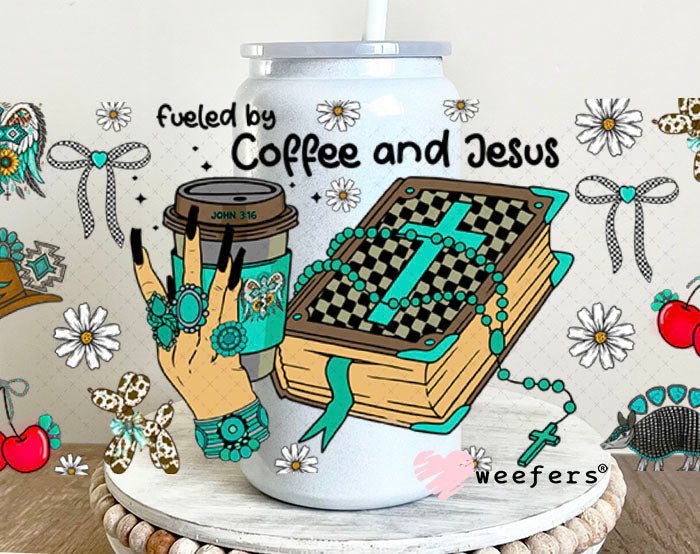 Fueled by Coffee and Jesus UV DTF Cup Wrap - Weefers Exclusive 16oz Glass Can Generic Cup Wrap Weefers