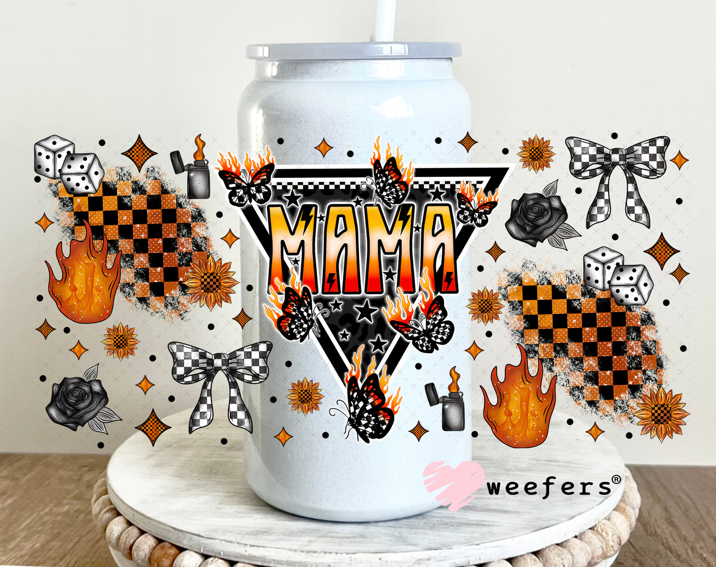 Mama Flames Checkered UV DTF Cup Wrap - Weefers Exclusive 16oz Glass Can Generic Weefers