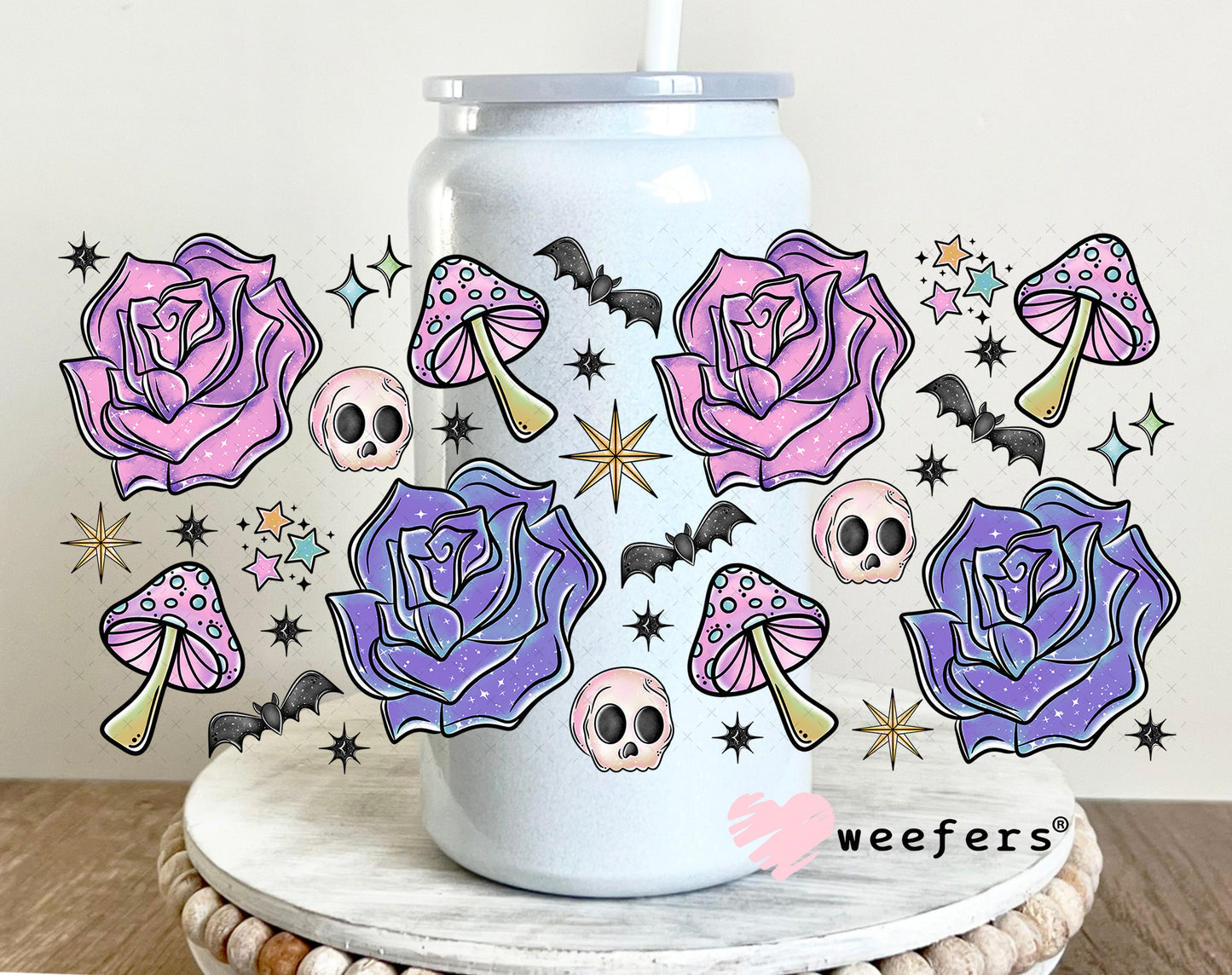 Purple Flowers Bats Skulls UV DTF Cup Wrap - Weefers Exclusive 16oz Glass Can Generic Weefers