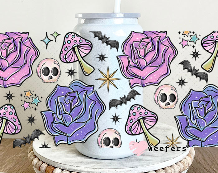 Purple Flowers Bats Skulls UV DTF Cup Wrap - Weefers Exclusive 16oz Glass Can Generic Cup Wrap Weefers