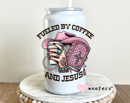 Fueled by Coffee and Jesus Mauve UV DTF Decal 16oz Glass Can Generic Weefers