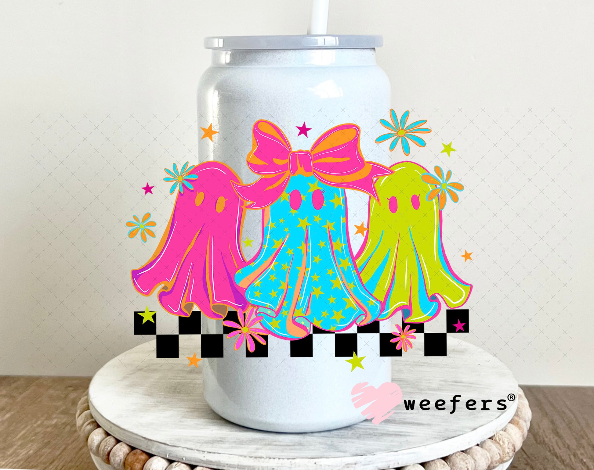 Magenta Teal and Green Girlie Ghosts UV DTF Decal 16oz Glass Can Generic Weefers