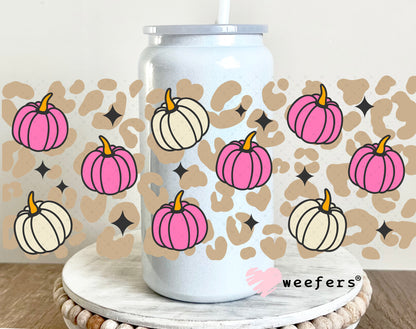 Beige Leopard Pink Pumpkins UV DTF Cup Wrap 16oz Glass Can Generic Weefers