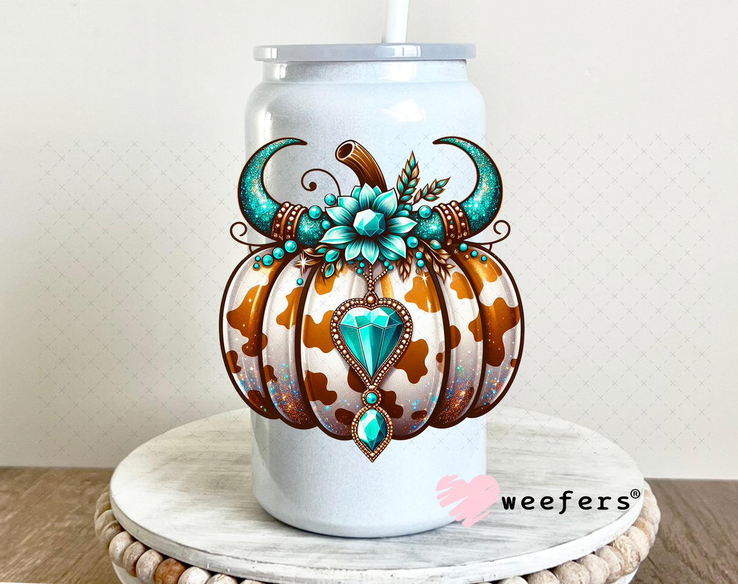 Turquoise Pumpkin UV DTF Decal 16oz Glass Can Generic Weefers