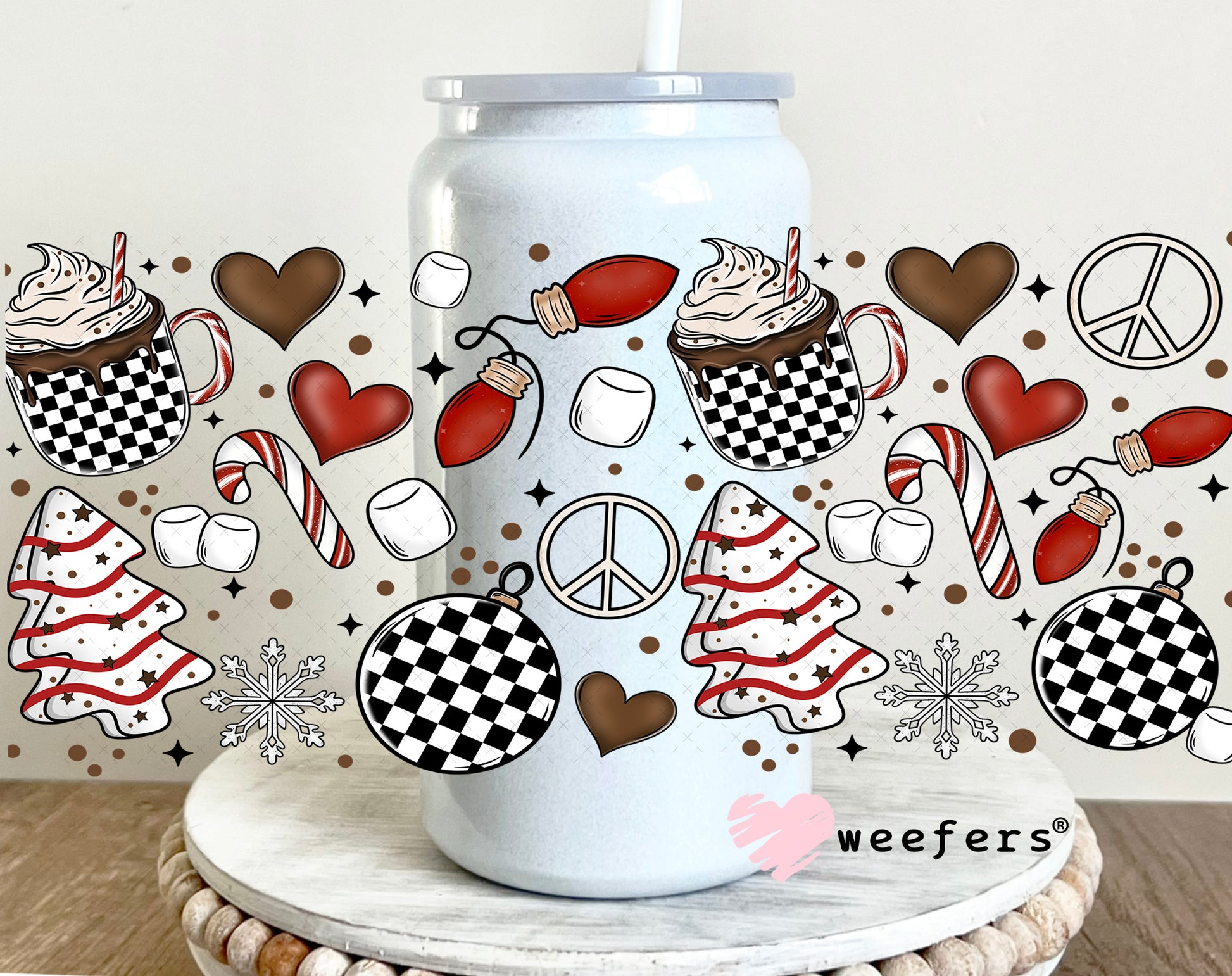 Christmas Black and White Checkers UV DTF Cup Wrap 16oz Glass Can Generic Weefers