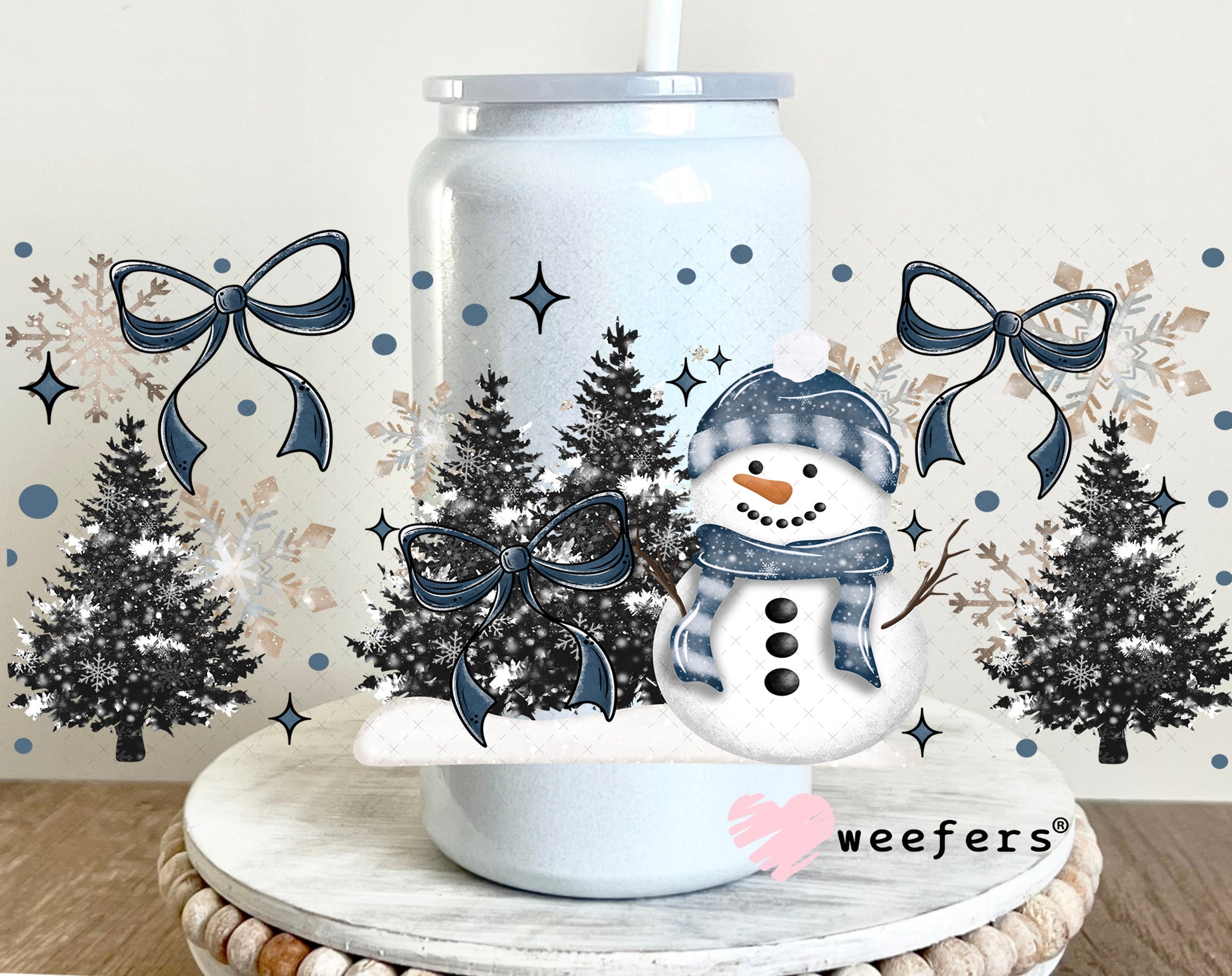 Navy Blue Snowman Christmas UV DTF Cup Wrap 16oz Glass Can Generic Weefers