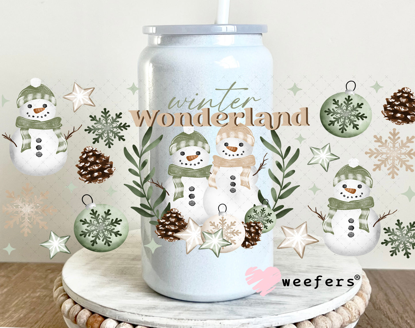 Mint Wonderland Snowmen UV DTF Cup Wrap 16oz Glass Can Generic Weefers
