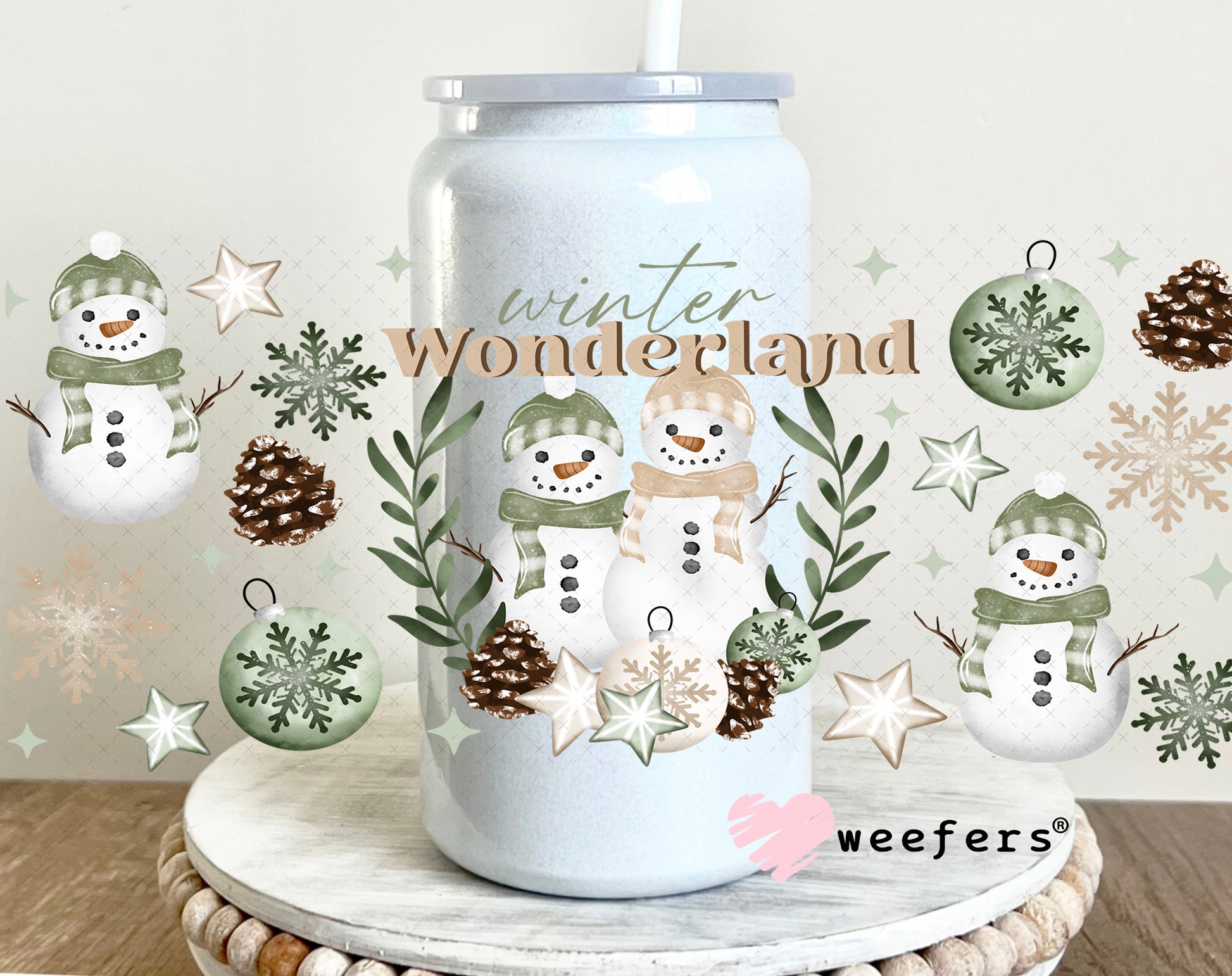 Mint Wonderland Snowmen UV DTF Cup Wrap 16oz Glass Can Generic Weefers