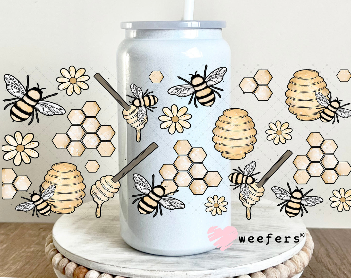 Honeycomb Honey Dipper Bees UV DTF Cup Wrap 16oz Glass Can Generic Weefers