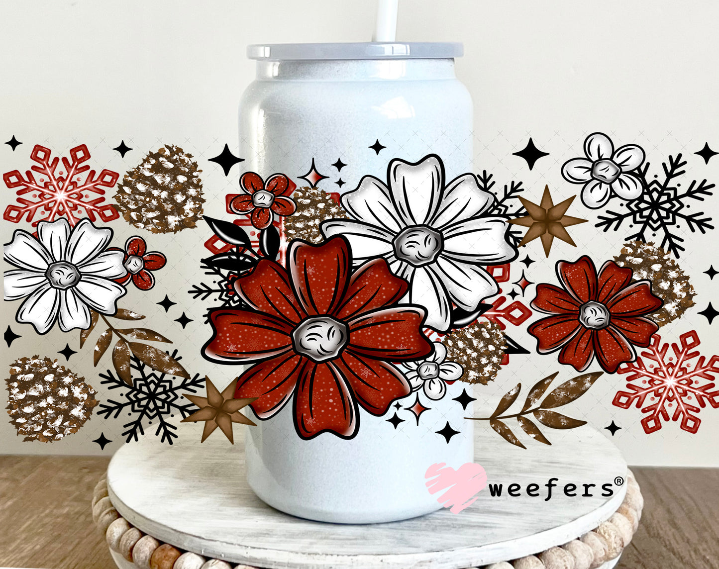 Red and White Christmas Flowers UV DTF Cup Wrap 16oz Glass Can Generic Weefers