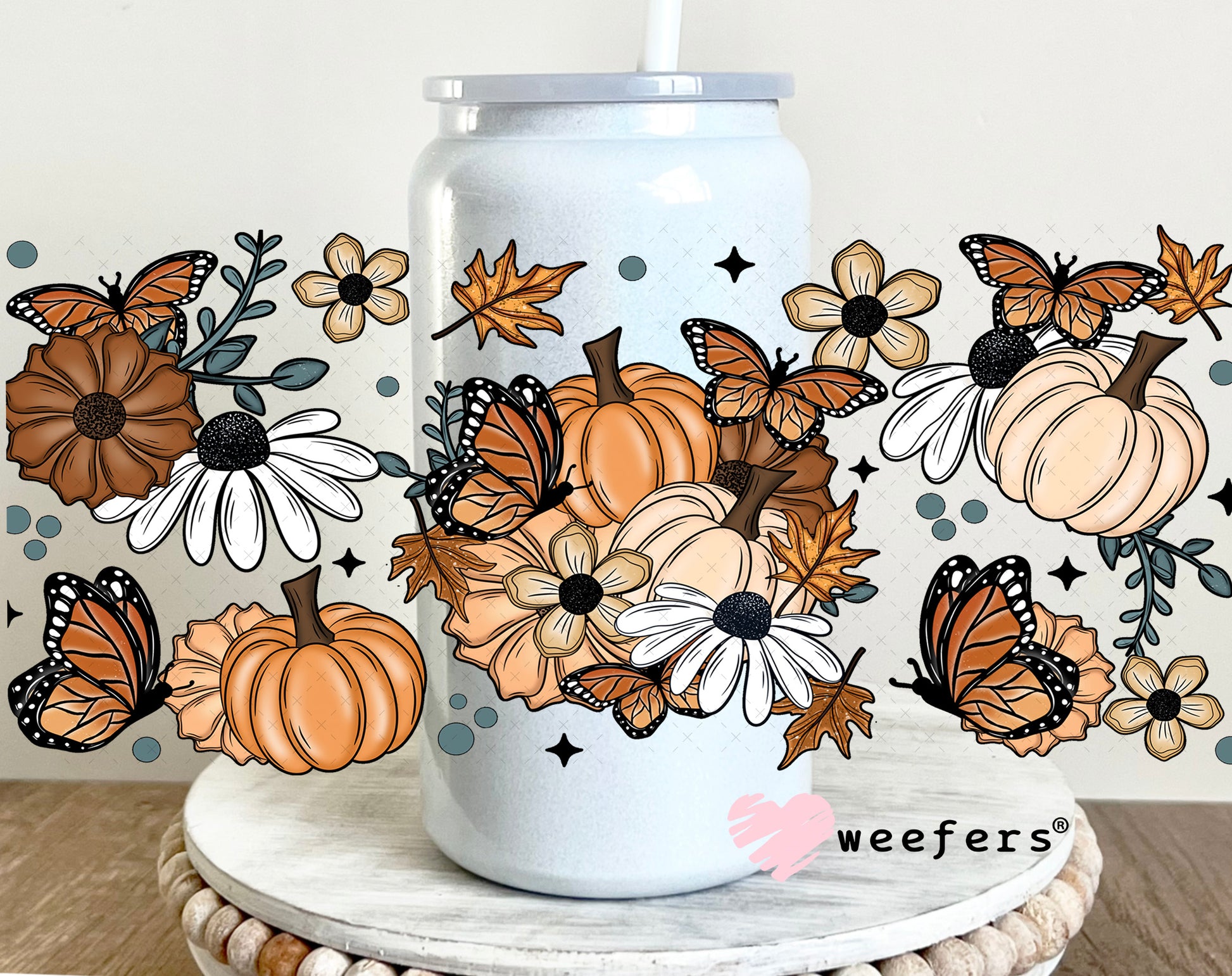 Fall Flowers and Pumpkins UV DTF Cup Wrap 16oz Glass Can Generic Weefers