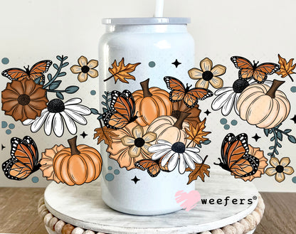 Fall Flowers and Pumpkins UV DTF Cup Wrap 16oz Glass Can Generic Weefers