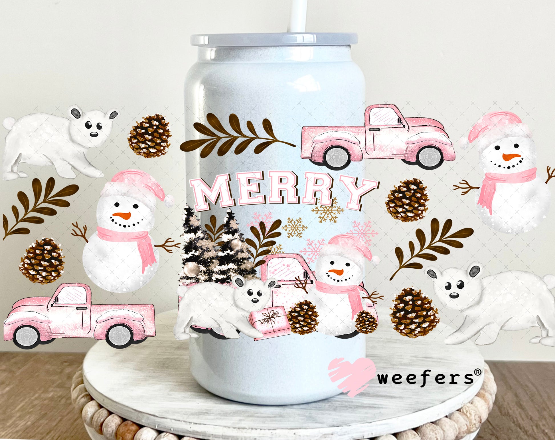 Pink Merry Snowmen and White Bears UV DTF Cup Wrap 16oz Glass Can Generic Weefers