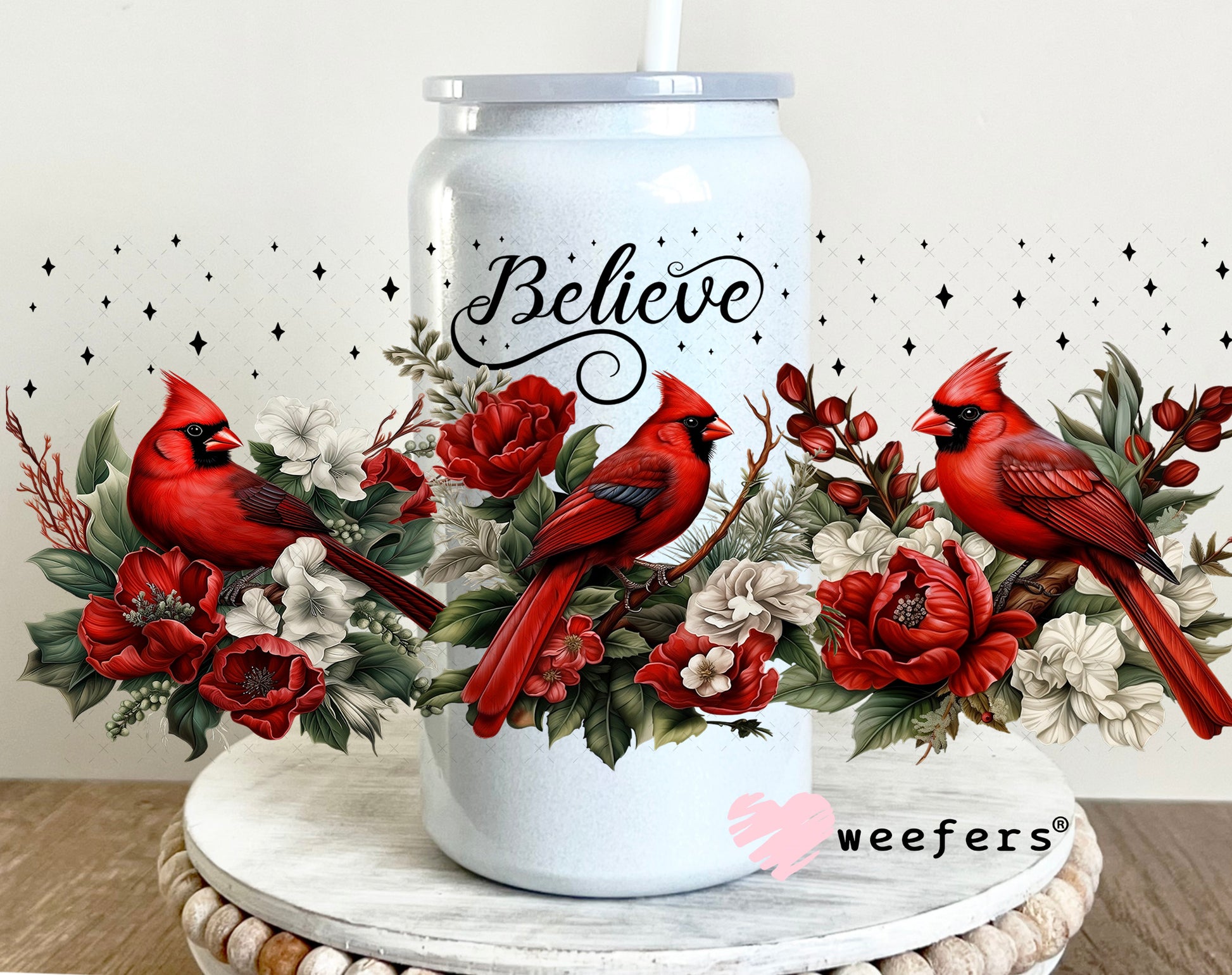 Believe Red Cardinals UV DTF Cup Wrap 16oz Glass Can Generic Weefers