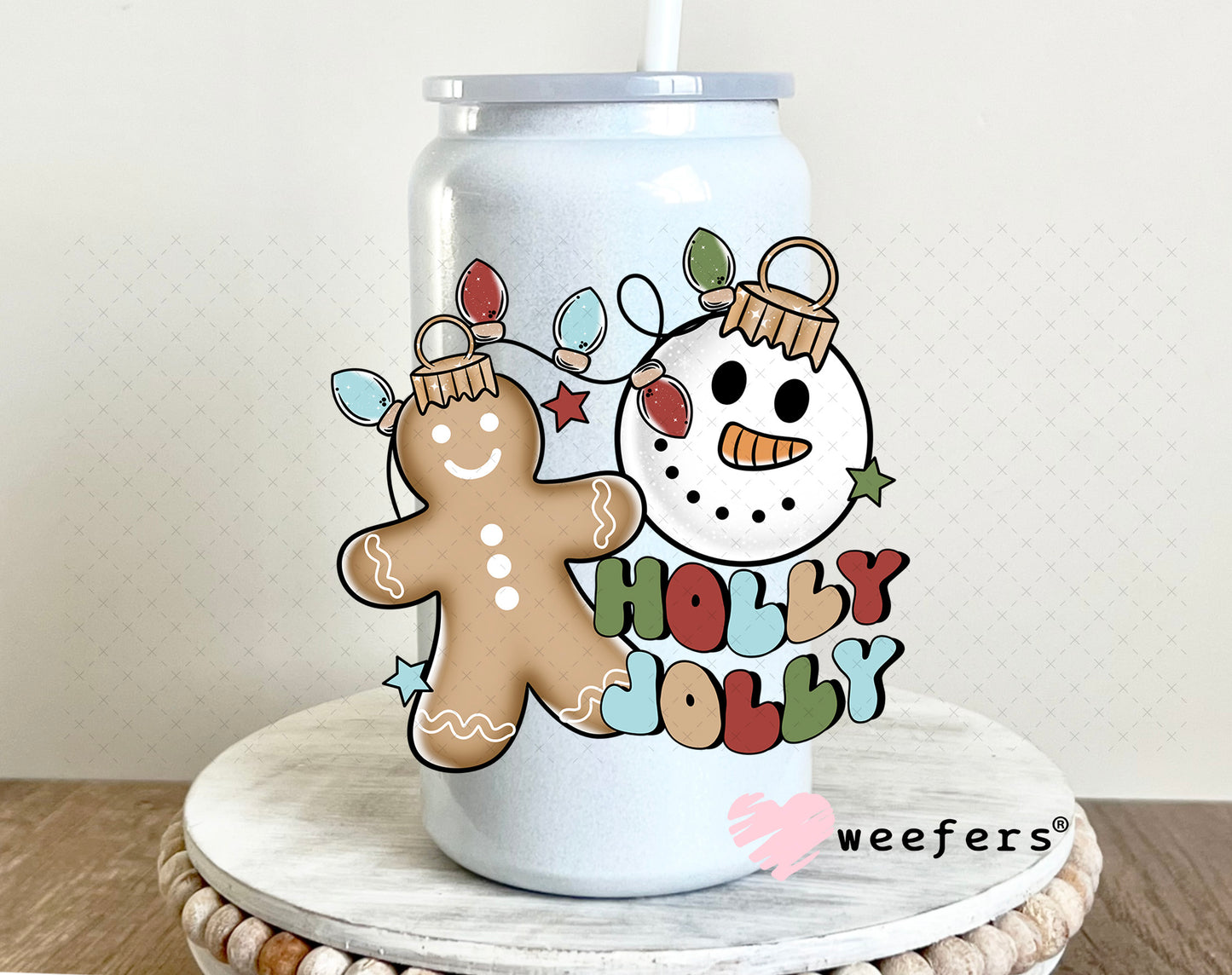 Holly Jolly Christmas UV DTF Decal 16oz Glass Can Generic Weefers