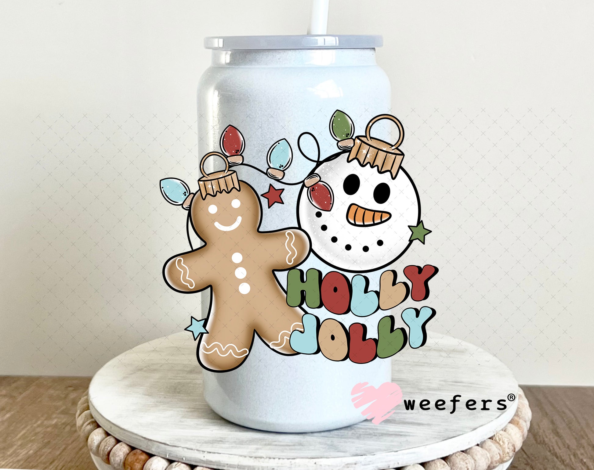 Holly Jolly Christmas UV DTF Decal 16oz Glass Can Generic Weefers