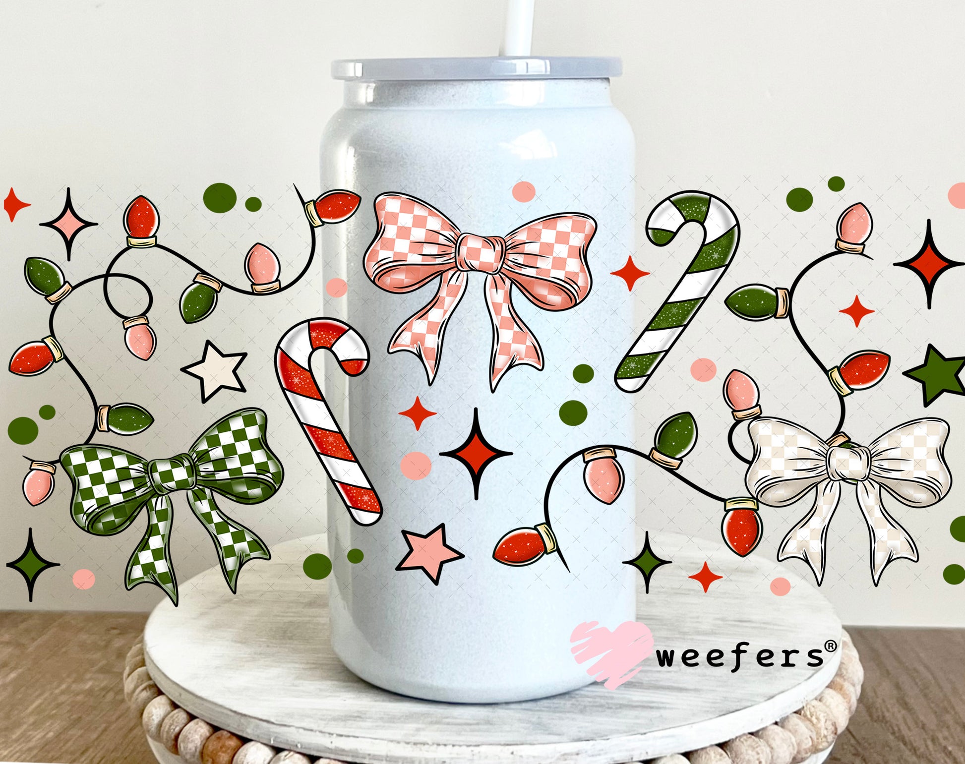 Christmas Lights and Checkered Bows UV DTF Cup Wrap 16oz Glass Can Generic Weefers