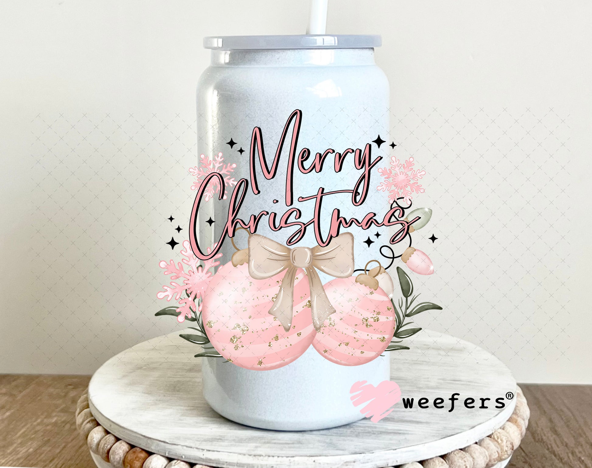 Pink Merry Christmas UV DTF Decal 16oz Glass Can Generic Weefers