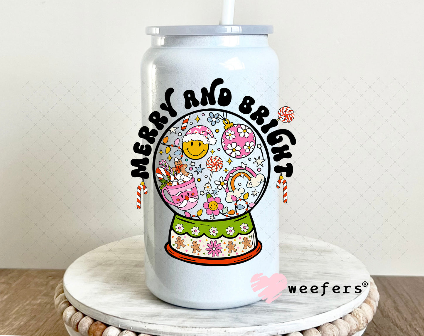 Merry and Bright Christmas Snow Globe UV DTF Decal 16oz Glass Can Generic Weefers