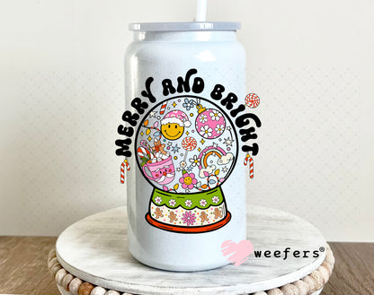 Merry and Bright Christmas Snow Globe UV DTF Decal 16oz Glass Can Generic Weefers