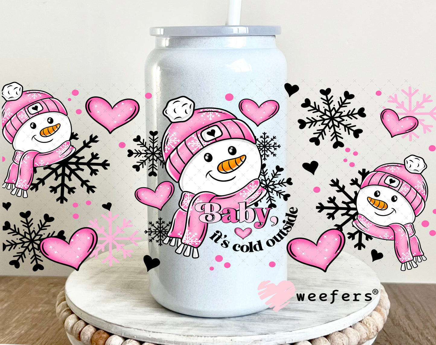 Pink Snowman Baby It's Cold Outside Christmas UV DTF Cup Wrap 16oz Glass Can Generic Weefers