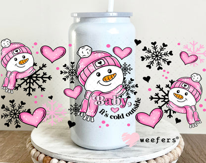 Pink Snowman Baby It's Cold Outside Christmas UV DTF Cup Wrap 16oz Glass Can Generic Weefers