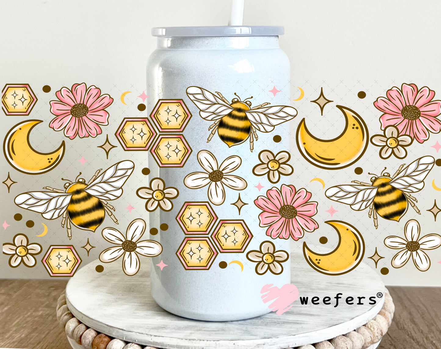 Honeycomb Bees and Pink Flowers UV DTF Cup Wrap 16oz Glass Can Generic Weefers