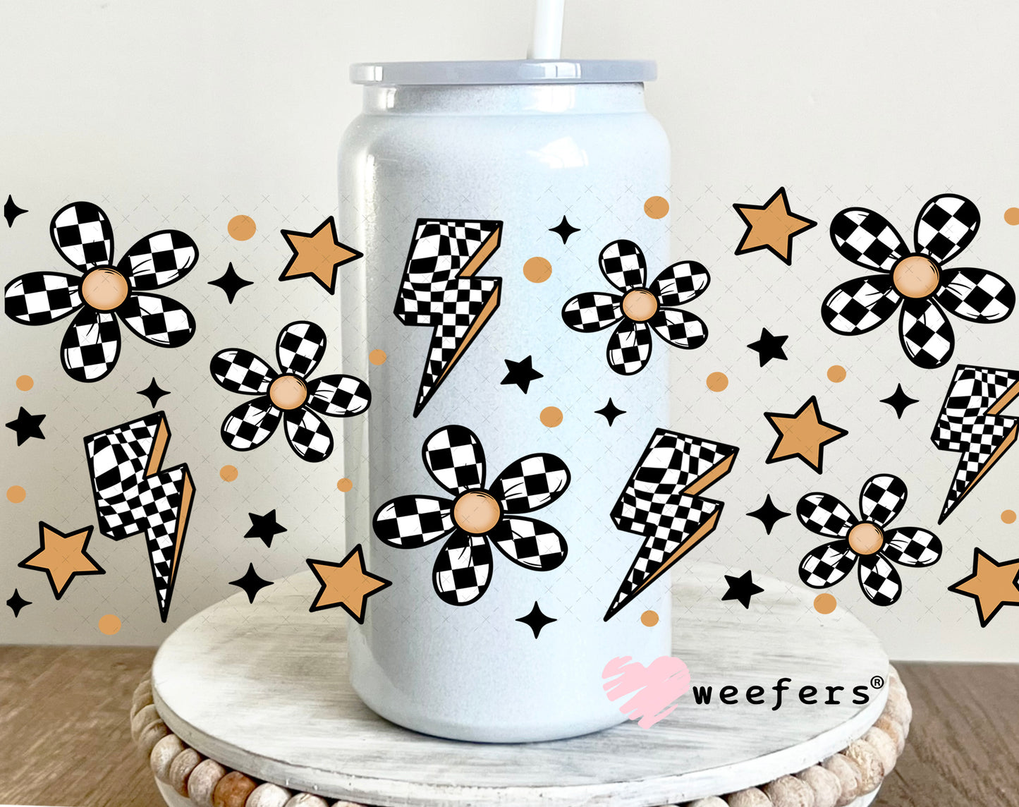 Black and White Checkered Flowers Lightening Bolts UV DTF Cup Wrap 16oz Glass Can Generic Weefers