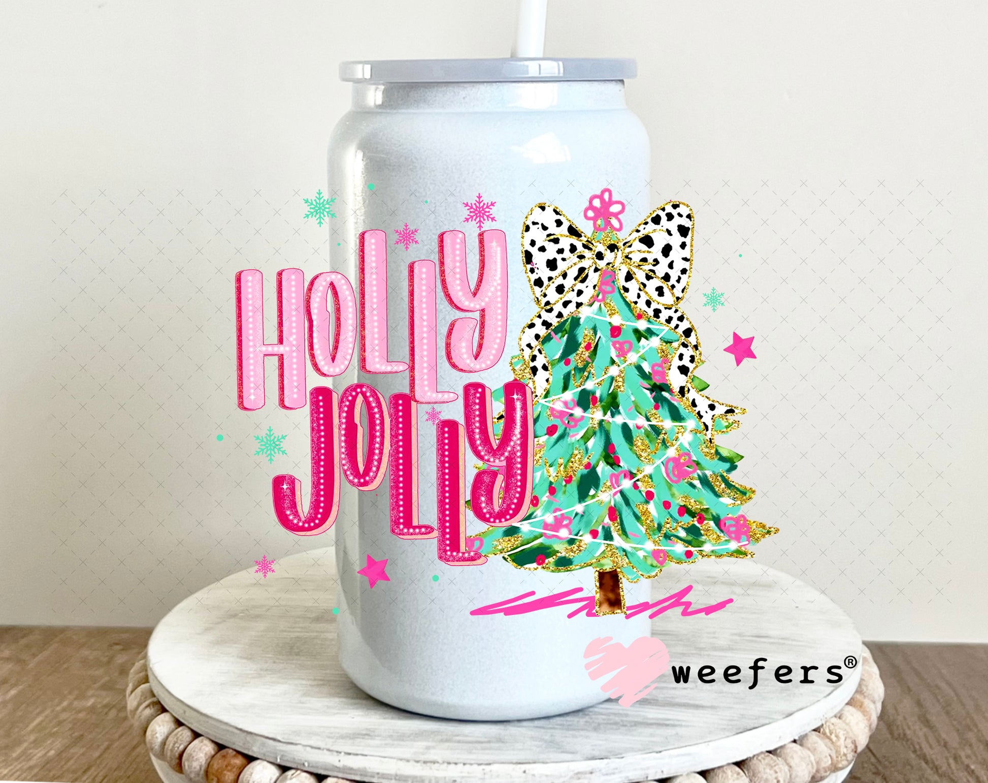 Holly Jolly Pink UV DTF DecalUV DTF Decal 16oz Glass Can Generic Weefers