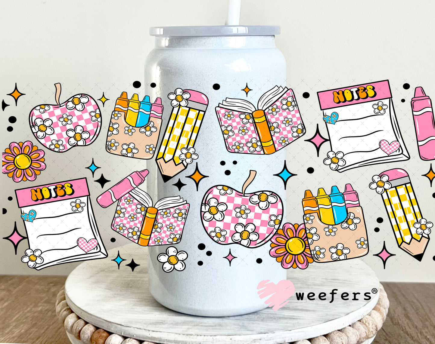 School Days Checkered Florals UV DTF Cup Wrap 16oz Glass Can Generic Weefers