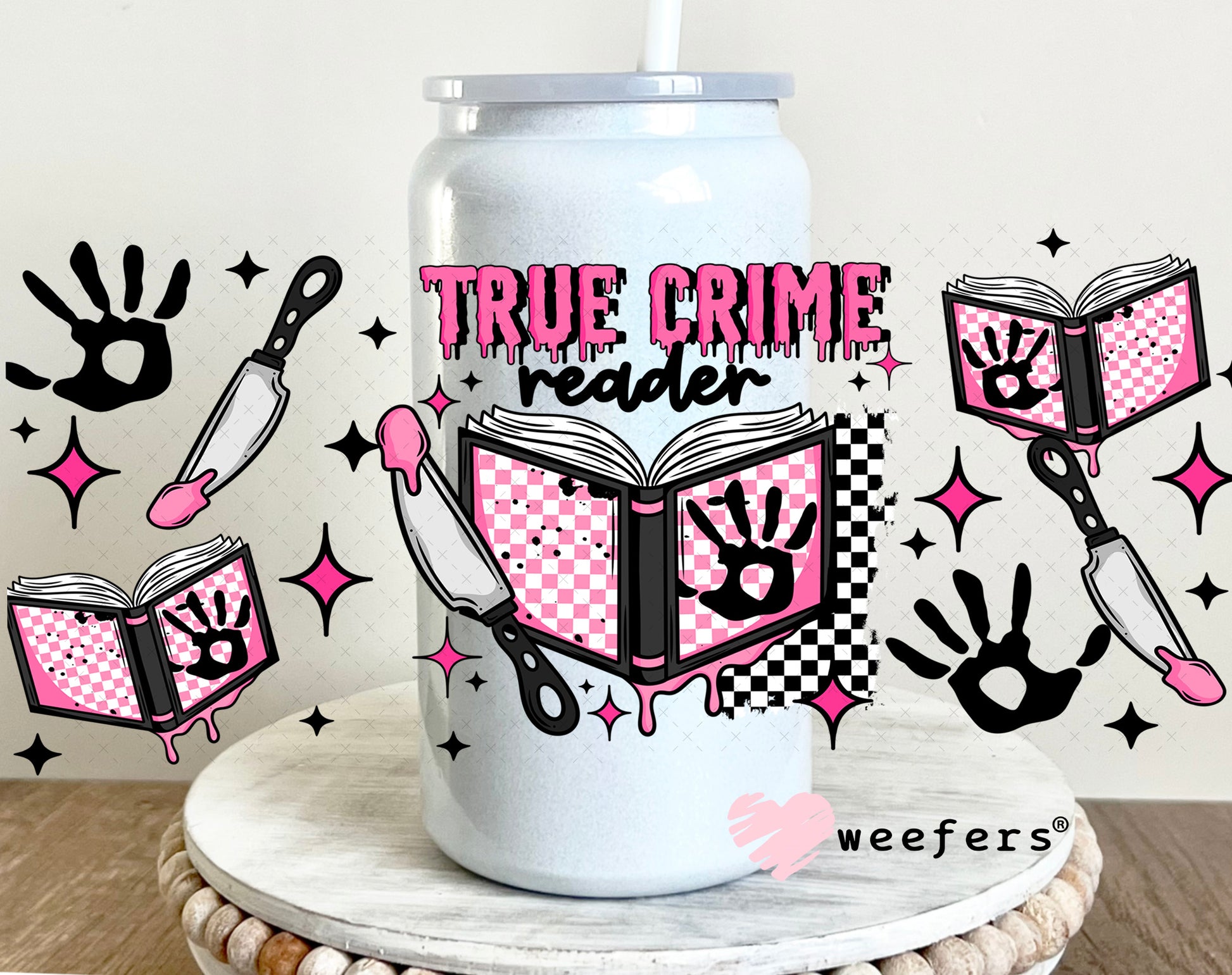 True Crime Pink and Black UV DTF Cup Wrap 16oz Glass Can Generic Weefers