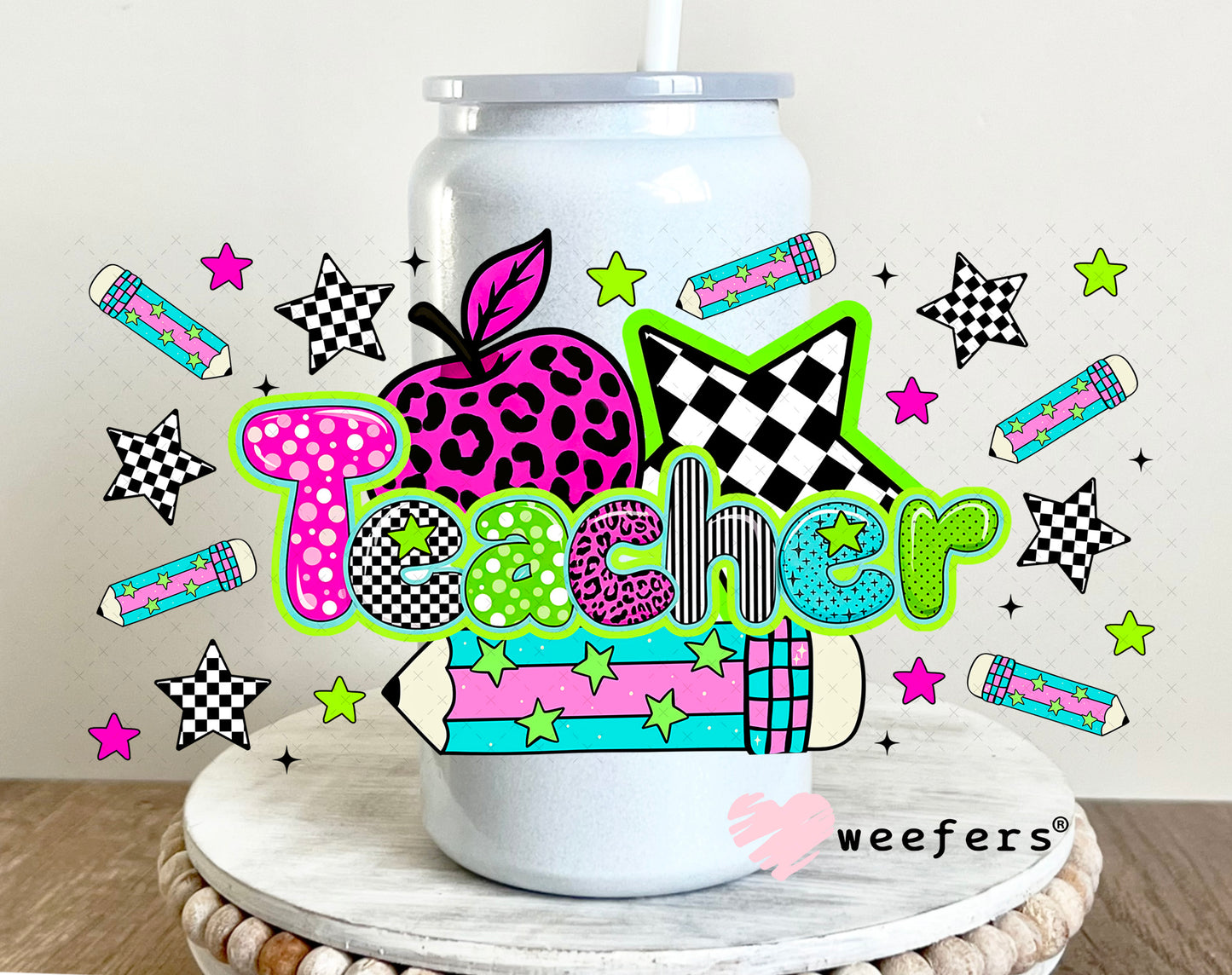 Retro Teacher UV DTF Cup Wrap 16oz Glass Can Generic Weefers