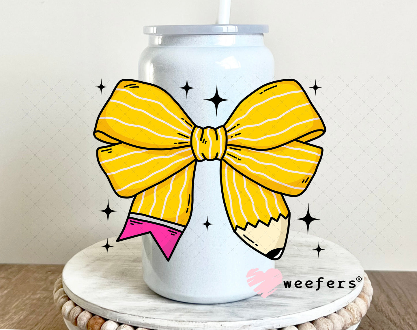 Yellow Teacher Pencil Bow UV DTF Decal 16oz Glass Can Generic Weefers