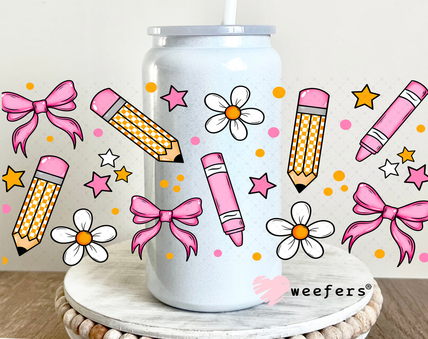 Teacher Pencils and Pink Bows UV DTF Cup Wrap 16oz Glass Can Generic Weefers