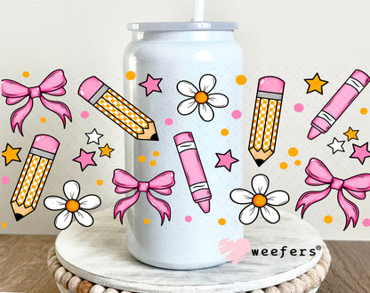 Teacher Pencils and Pink Bows UV DTF Cup Wrap 16oz Glass Can Generic Weefers